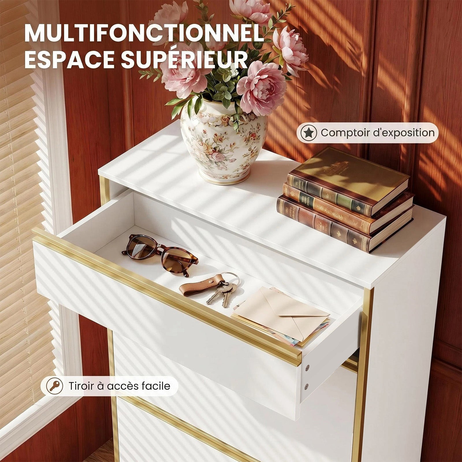 HaluPeit Meuble à chaussures étroit avec tiroir, 2 portes battantes, 4 étagères réglables, Pour couloirs, 60 x 24 x 104,5 cm, Blanc et doré