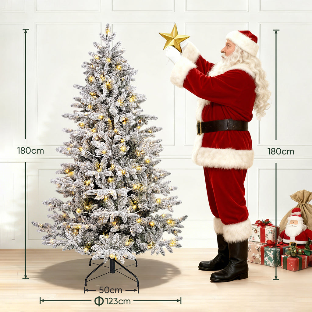 SALCAR Sapin de noël enneigé avec 1230 branches et éclairage 300 LED blanc chaud - 180 cm