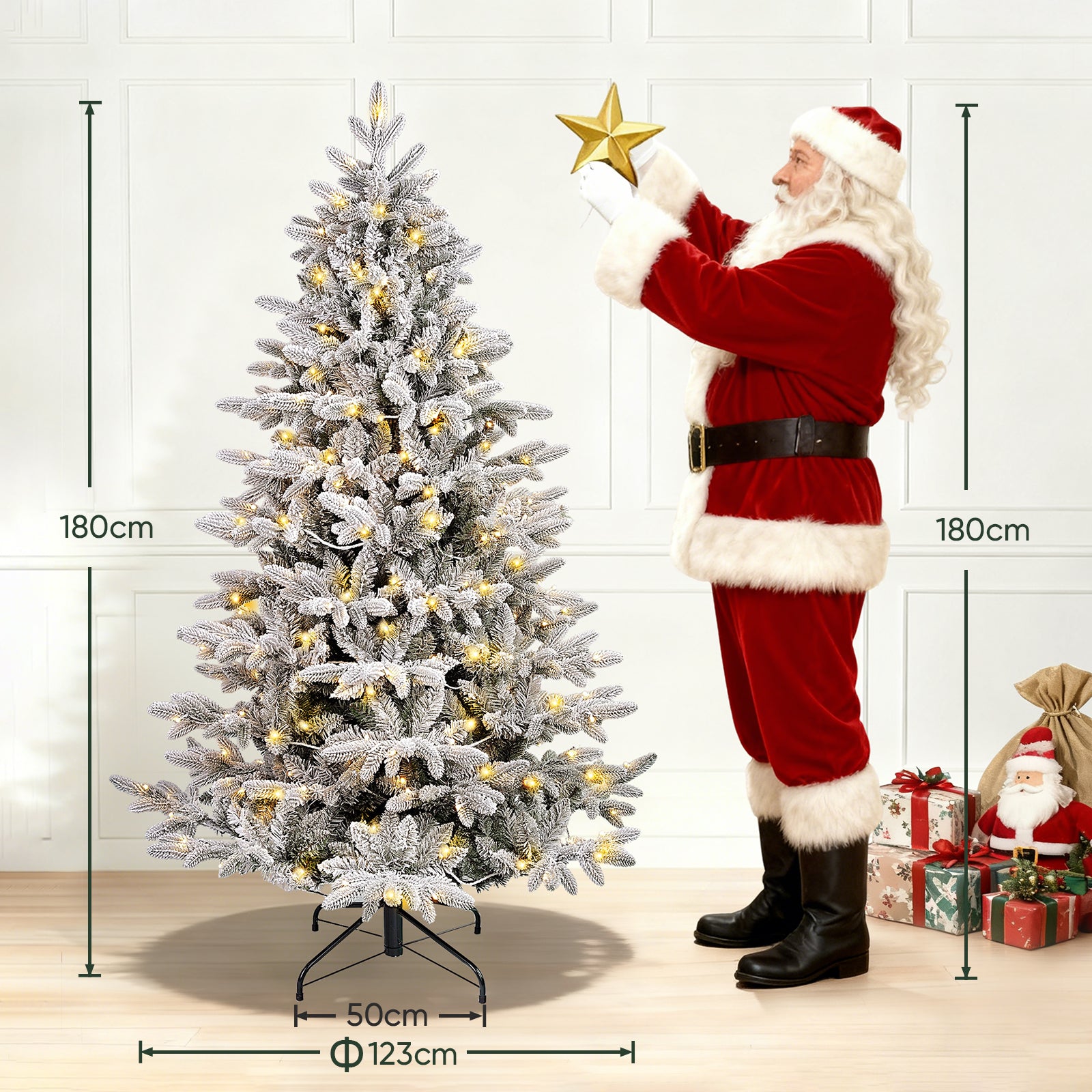 SALCAR Sapin de noël enneigé avec 1230 branches et éclairage 300 LED blanc chaud - 180 cm