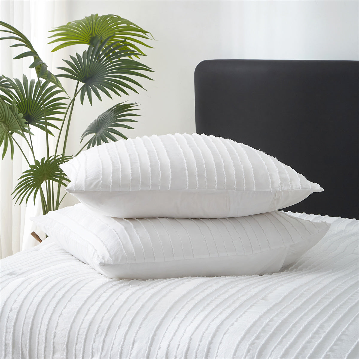 MEEALLHOME Parure de lit à rayures verticales blanc - 1 housse 155 x 220 cm et 2 taies 80 x 80 cm