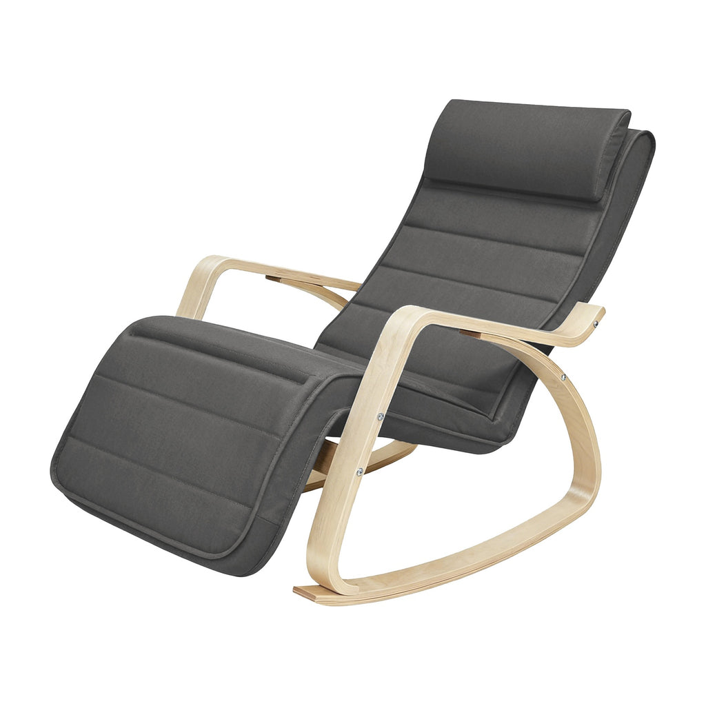 JOYFURNOS Fauteuil à bascule gris foncé et naturel avec accoudoirs en bouleau – Repose-pieds réglable à 5 niveaux, supporte jusqu’à 150 kg – Idéal pour salon ou chambre