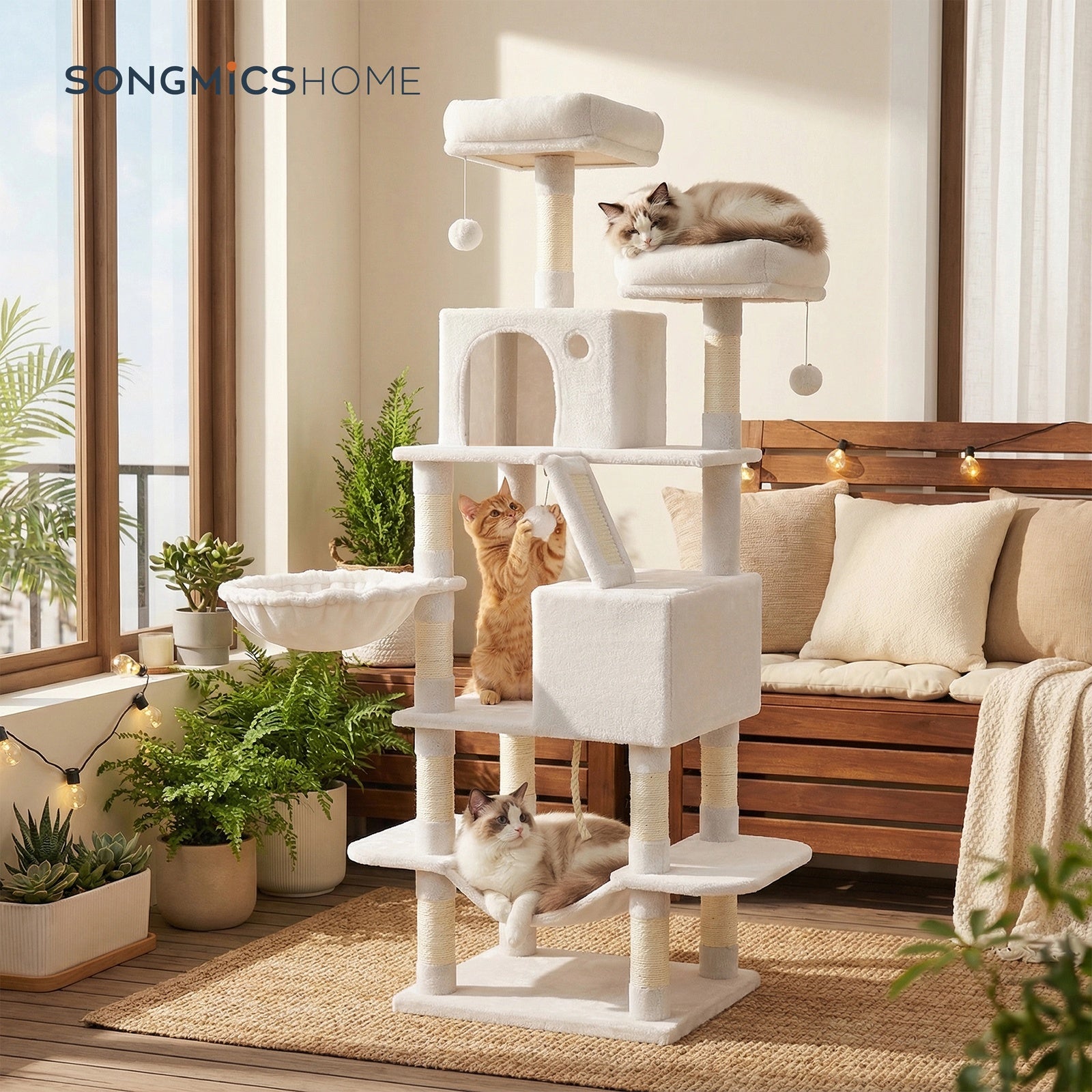 JOYFURNOS Arbre à chat, grande tour pour chat de 168 cm avec 13 poteaux à griffer, 1 rampe à griffer, 2 perchoirs, 2 niches, panier, hamac, pompons, blanc crème