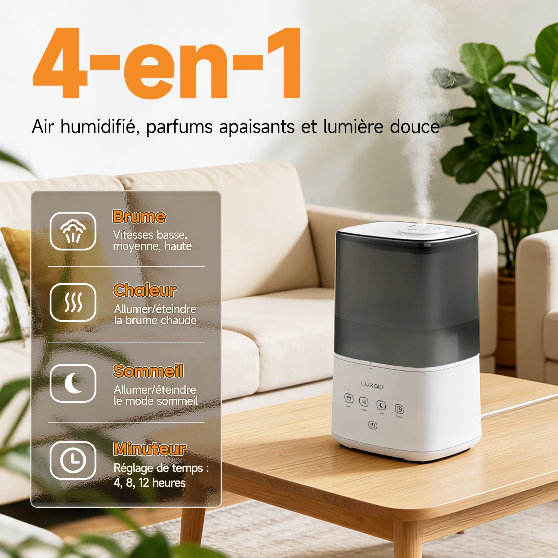 Luxaid Humidificateur Brume Froide/Chaude 4,5L, Jusqu'à 47m², Remplissage Par Le Haut, Commande Tactile, Minuterie 4/8/12h, Mode Silencieux 20dB, Buse 360°, Fonction Aromathérapie pour Chambre
