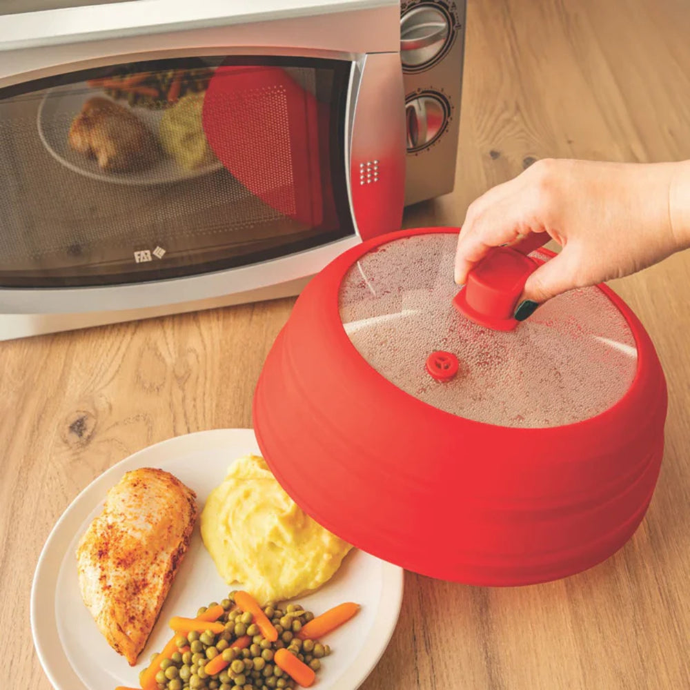 M&Co Couvercle pliable pour micro-ondes 27 cm, Protection anti-éclaboussures et service, Silicone et verre résistants à la chaleur, Résistant à la chaleur jusqu’à 200 °C, Gain de place, Noir