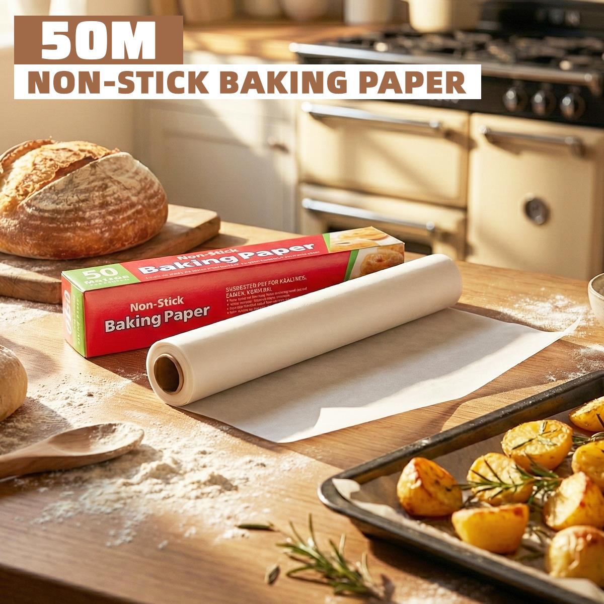 Rouleau de Papier Cuisson Antiadhésif 30cm*50m, Feuilles Prédécoupées Résistantes à la Graisse pour Four et Friteuse à Air, Papier de Cuisson Non Blanchi