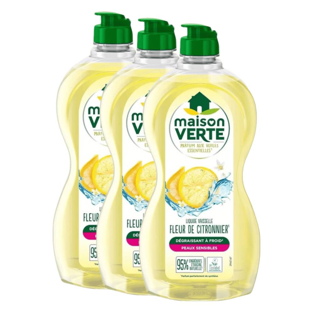 Maison Verte Liquide Vaisselle, Formule Dégraissante à Froid pour Peaux Sensibles, Certifié Écolabel, Fleur de Citronnier, 3 x 500 ml (= 1,5 L)