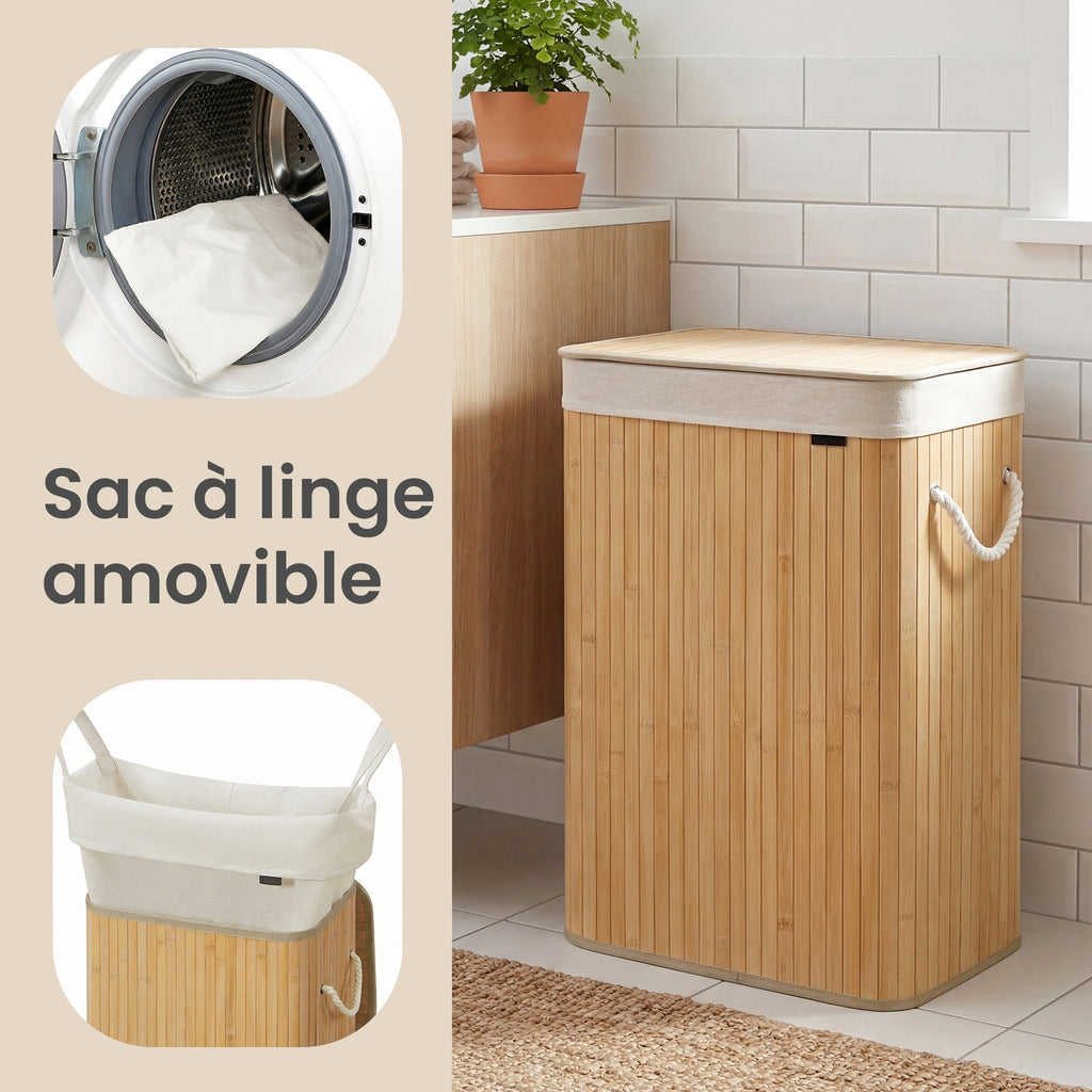 JOYFURNOS Panier à linge avec couvercle, panier de lavage pliable en bambou avec sac doublure amovible et cadre en bois solide, grande capacité de 72L, taille gain de place 40x30x61cm, idéal pour chambre, salle de bain, buanderie, dortoir, Naturel