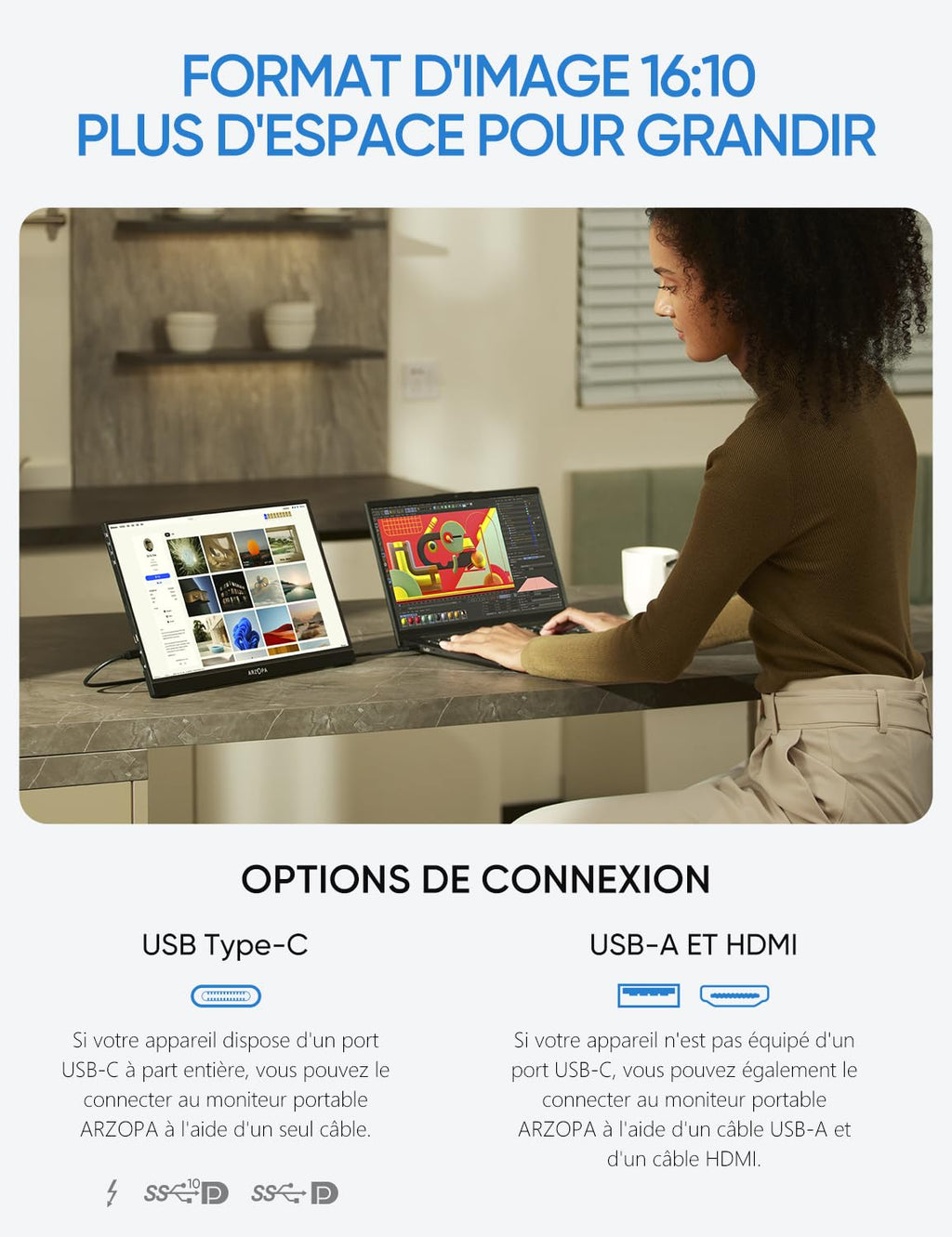 ARZOPA Z1RC Moniteur portable 2,5K, 16 pouces 2560 x 1600 HDR 500 nits 8 bits QHD USB-C HDMI, écran externe de protection des yeux 16:10 IPS, second écran pour Mac, PC, téléphone, PS4/5, Xbox, Switch