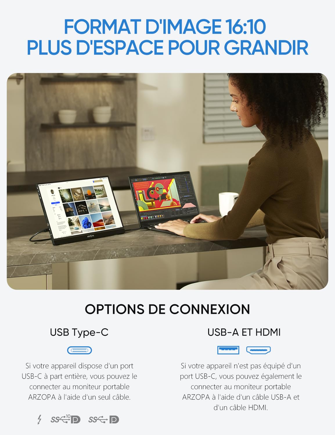 ARZOPA Z1RC Moniteur portable 2,5K, 16 pouces 2560 x 1600 HDR 500 nits 8 bits QHD USB-C HDMI, écran externe de protection des yeux 16:10 IPS, second écran pour Mac, PC, téléphone, PS4/5, Xbox, Switch