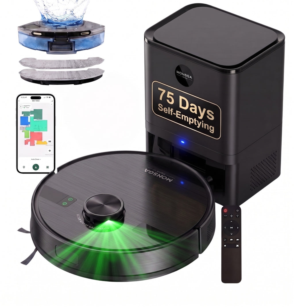 monsga MS1 Max Aspirateur robot laveur 2-en-1, 9000 Pa, station de vidage automatique 4,0 L, navigation LiDAR, autonomie 180 min, contrôle via application/télécommande/voix, pour sols durs et tapis