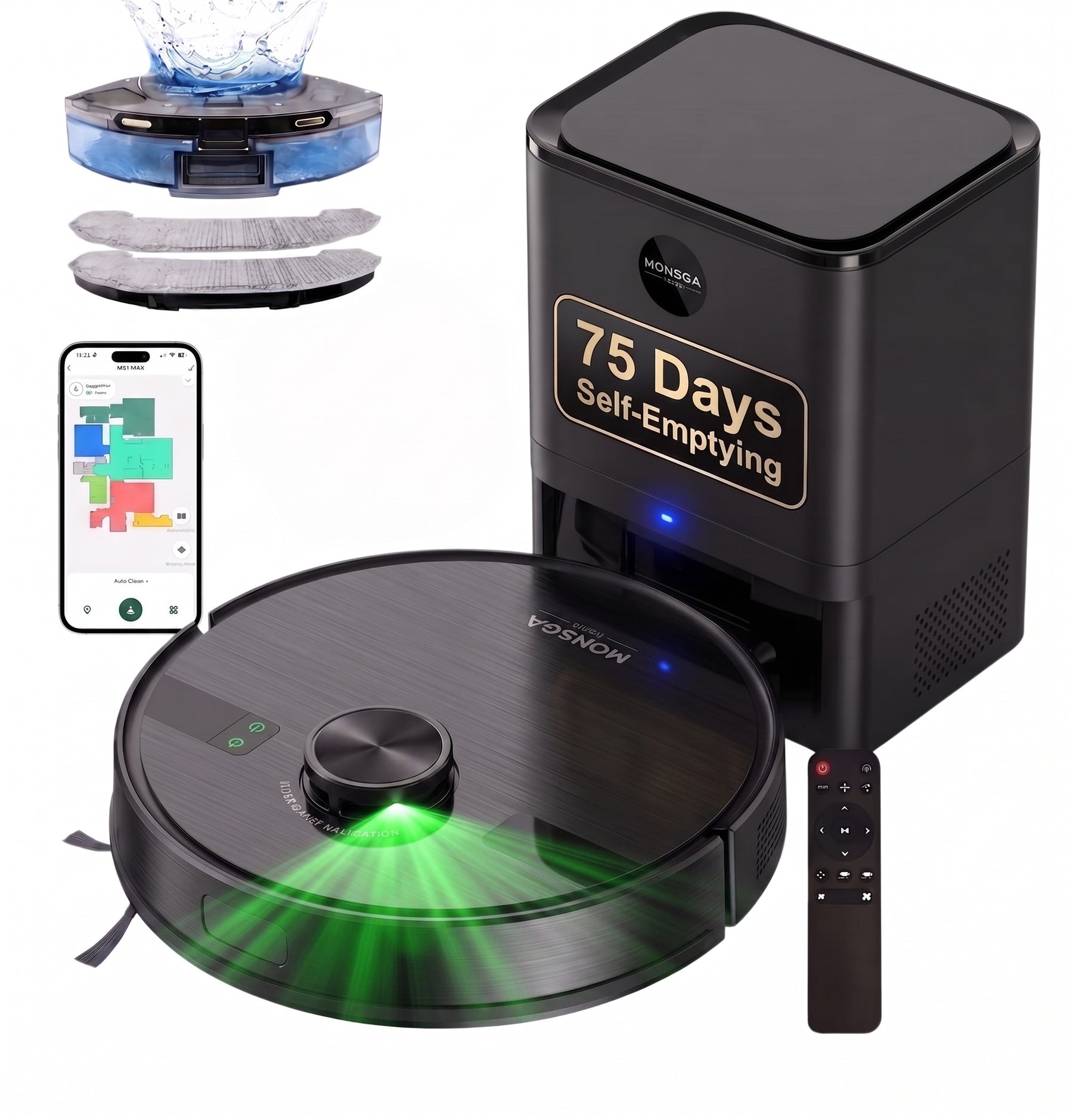 monsga MS1 Max Aspirateur robot laveur 2-en-1, 9000 Pa, station de vidage automatique 4,0 L, navigation LiDAR, autonomie 180 min, contrôle via application/télécommande/voix, pour sols durs et tapis