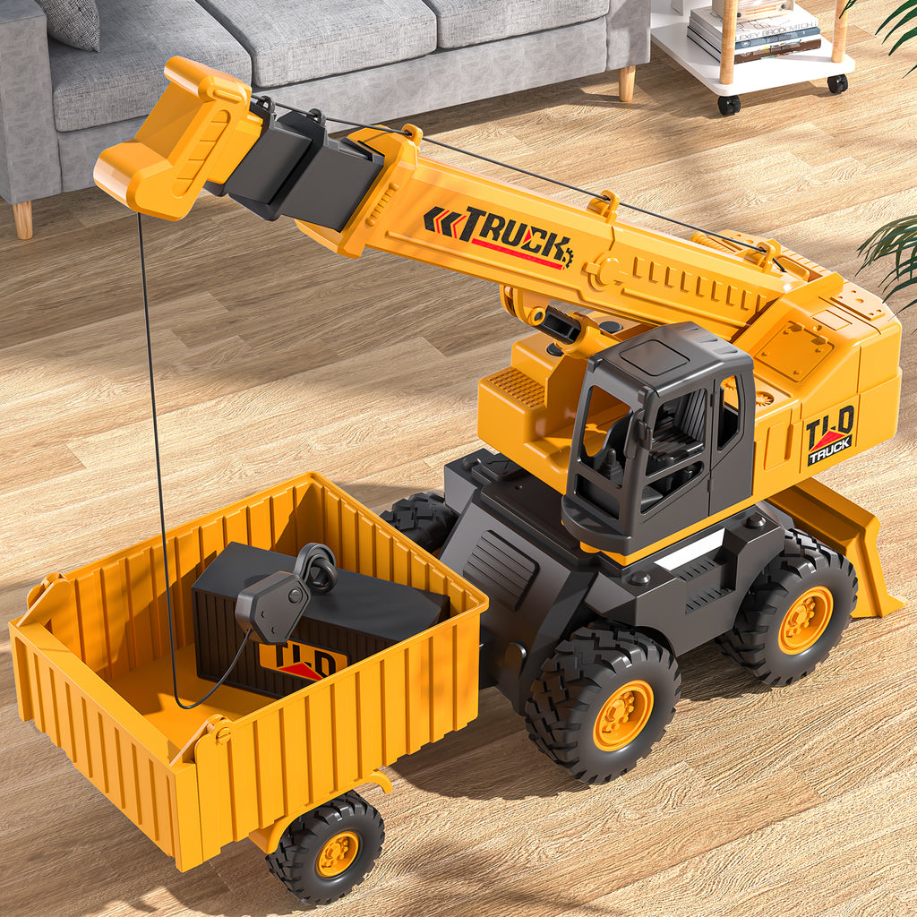 Jouet de camion grue de construction pour tout-petits, véhicule d'ingénierie 5 en 1 avec bras extensible, crochet de levage, remorque basculante et pelleteuse