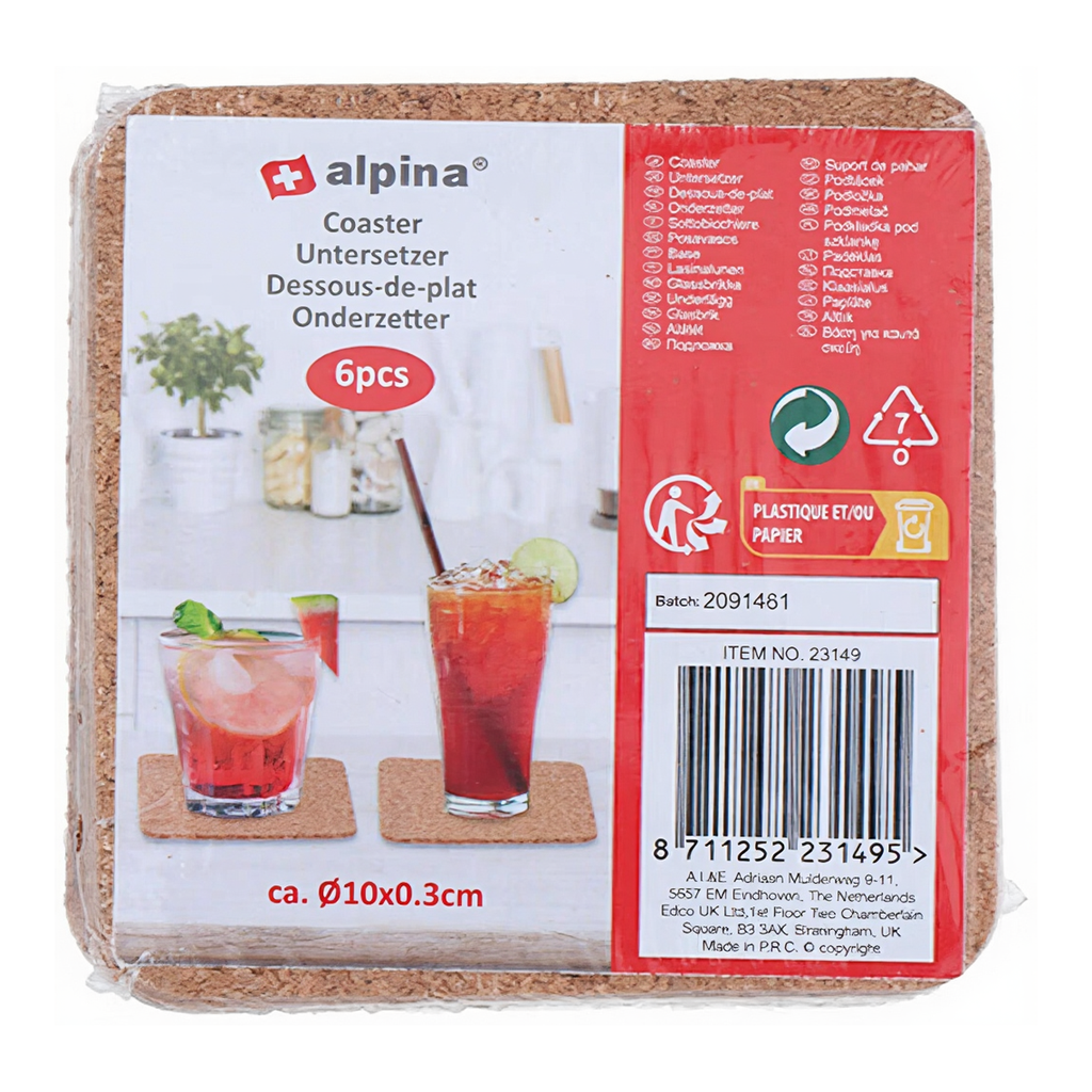 Alpina Dessous-de-plat en liège - 6 pièces - Ø 10 cm - Carrés ou ronds