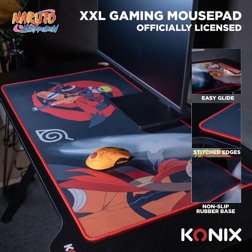 Konix Naruto Shippuden Tapis de souris gaming XXL 90 x 46 cm - Surface microfibre antidérapante - Caoutchouc - Motif Naruto Mode Hermite - Noir