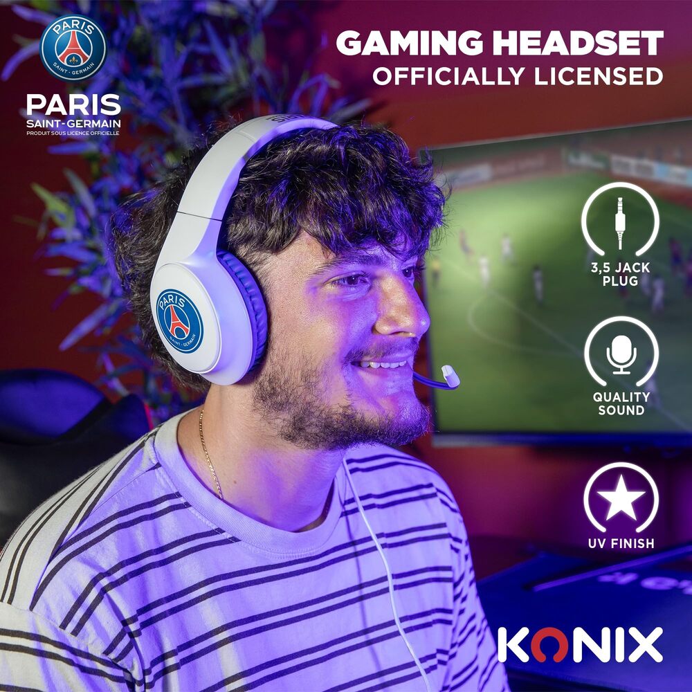 Konix Casque gaming filaire PSG - PC/PS5/Switch 2/Xbox Series - Microphone 45°, Câble 1.5m, Prise Jack 3.5mm - Blanc et bleu