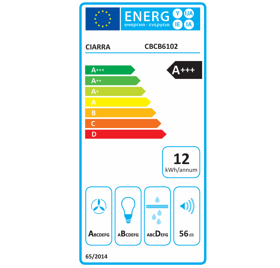 CIARRA Hotte aspirante à recirculation, commande tactile Wi-Fi et app, 650 m³/h, fixation murale, 4 vitesses avec booster, filtres en aluminium noir, classe énergétique A+++ - 60 cm