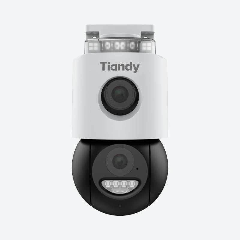 Tiandy Caméra de surveillance motorisée intérieure/extérieure double objectif 4 MP, Objectif 4 mm, Détection gratuite de personnes/véhicules, Vue 345°, SD/Cloud