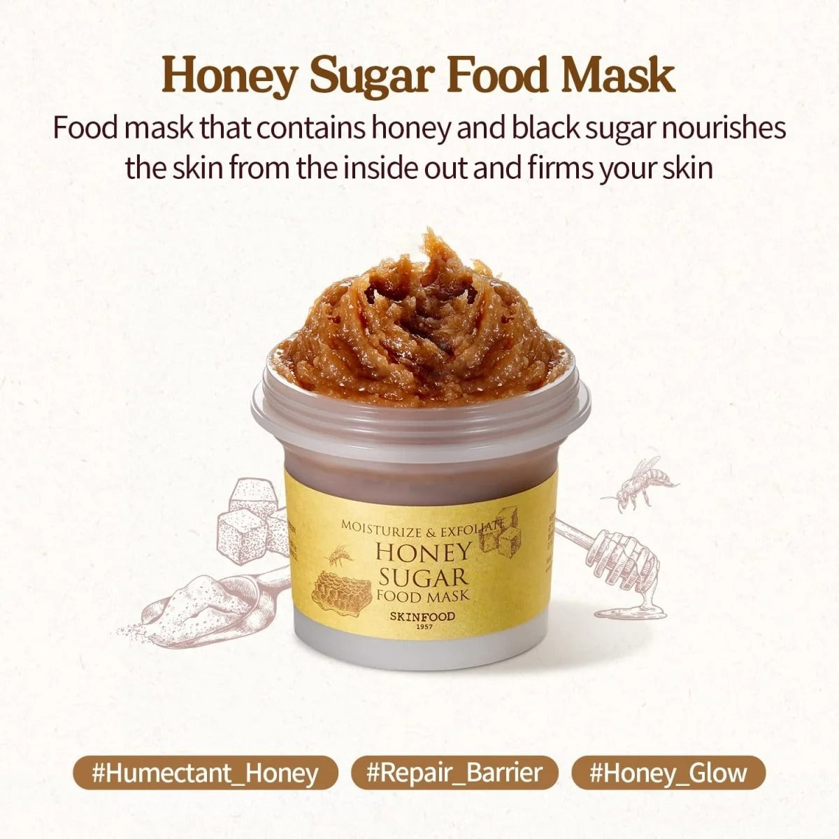 SKINFOOD Masque Alimentaire Miel Sucre (Masque Nettoyant Hydratant & Exfoliant) 120 g