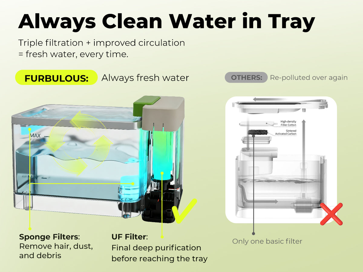 FURBULOUS [Acier Inoxydable 316 & Conception 100% Sécurisée] Fontaine à Eau avec Technologie d'Ultrafiltration - Eau et Électricité Séparées, Ultra-Silencieuse, Sans BPA, 3.3L, Deux Modes pour Chats & Chiens, Noir (Inclus Filtre 45 Jours)
