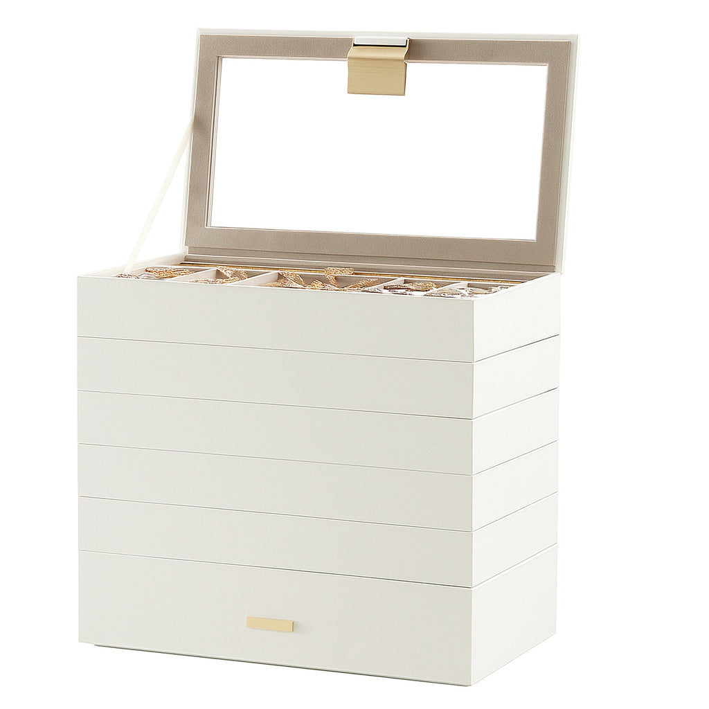JOYFURNOS Plateaux à Bijoux Empilables , Boîte à Bijoux 6 Niveaux, Grand Coffret à Bijoux avec Couvercle en Verre Transparent, 17 x 28 x 25,3 cm, pour Coiffeuse, Idée Cadeau, Blanc Nuage