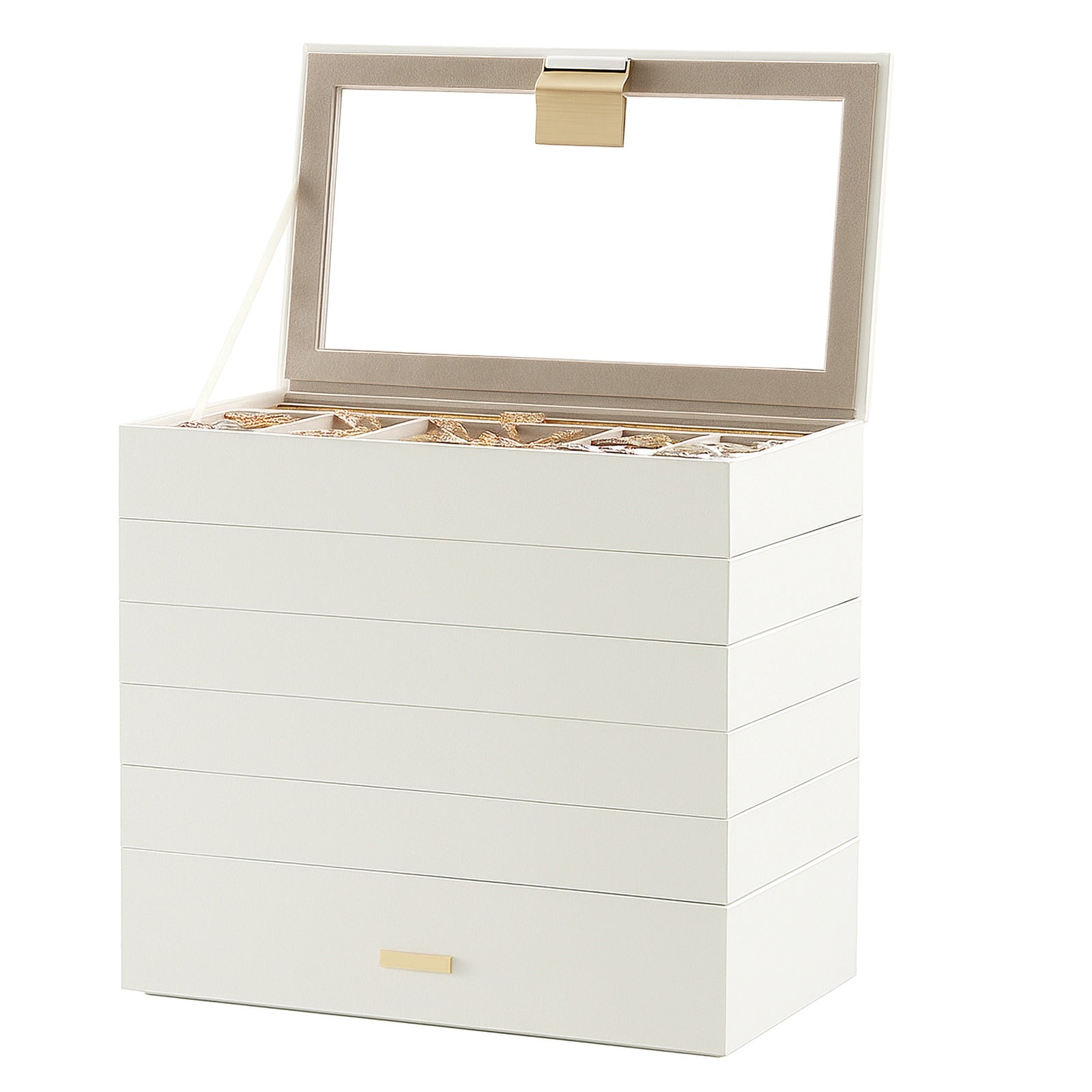 JOYFURNOS Plateaux à Bijoux Empilables , Boîte à Bijoux 6 Niveaux, Grand Coffret à Bijoux avec Couvercle en Verre Transparent, 17 x 28 x 25,3 cm, pour Coiffeuse, Idée Cadeau, Blanc Nuage