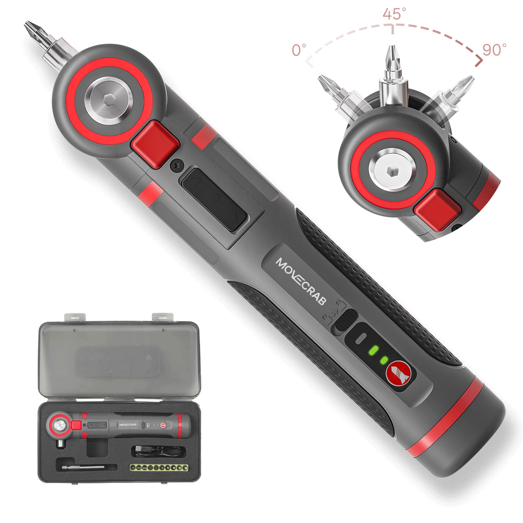 MOVECRAB Kit mini tournevis électrique sans fil rechargeable 12 pièces 2000 mAh avec angle réglable 3-en-1, LED et couple réglable 3 vitesses