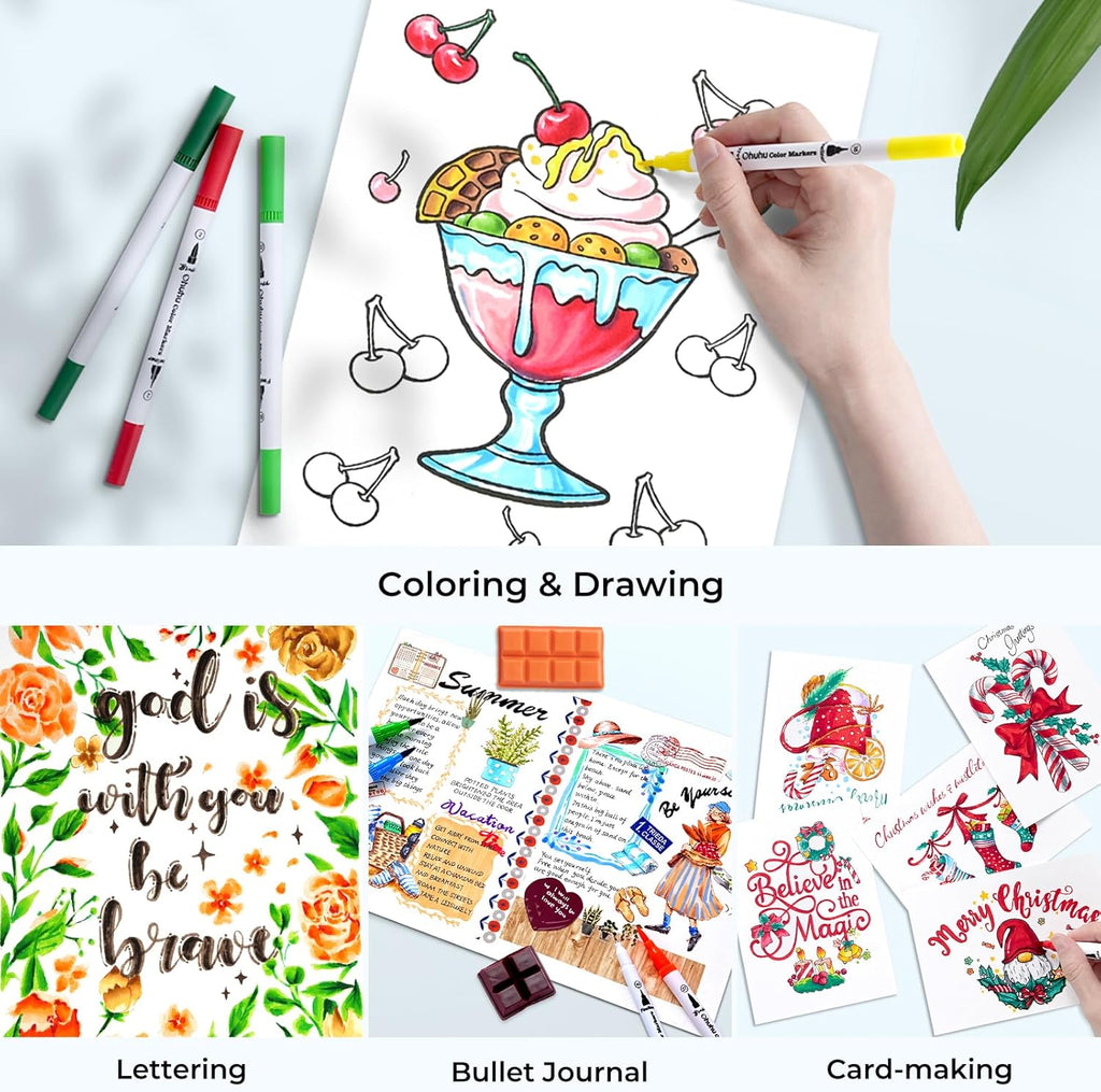 Ohuhu Maui stylos pinceaux double pointe - Ensemble de marqueurs d'art 100 couleurs avec fineliner, étui de rangement blanc