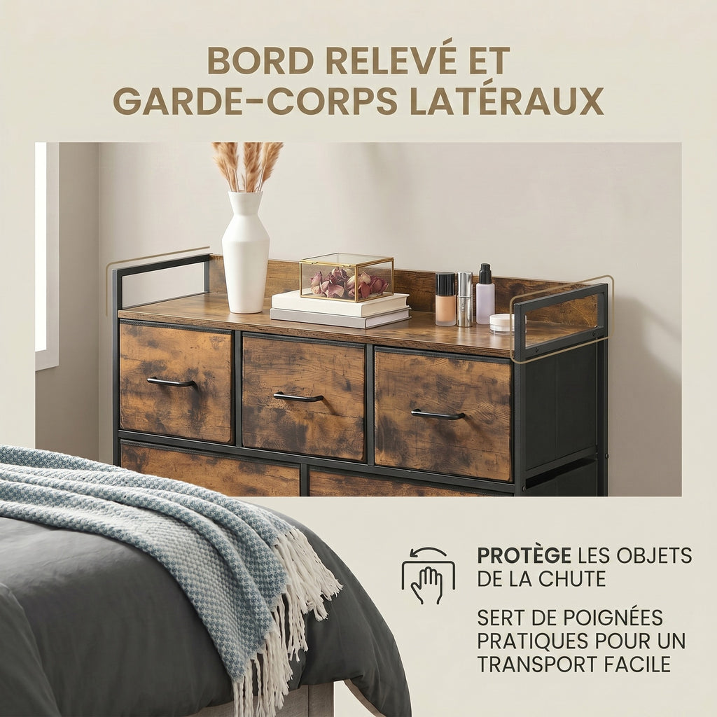 JOYFURNOS Commode à 7 tiroirs en tissu avec poignées –98x28.5x85cm Brun Rustique & Noir Encre, cadre métallique – grande armoire de chambre pour vêtements et linge de maison
