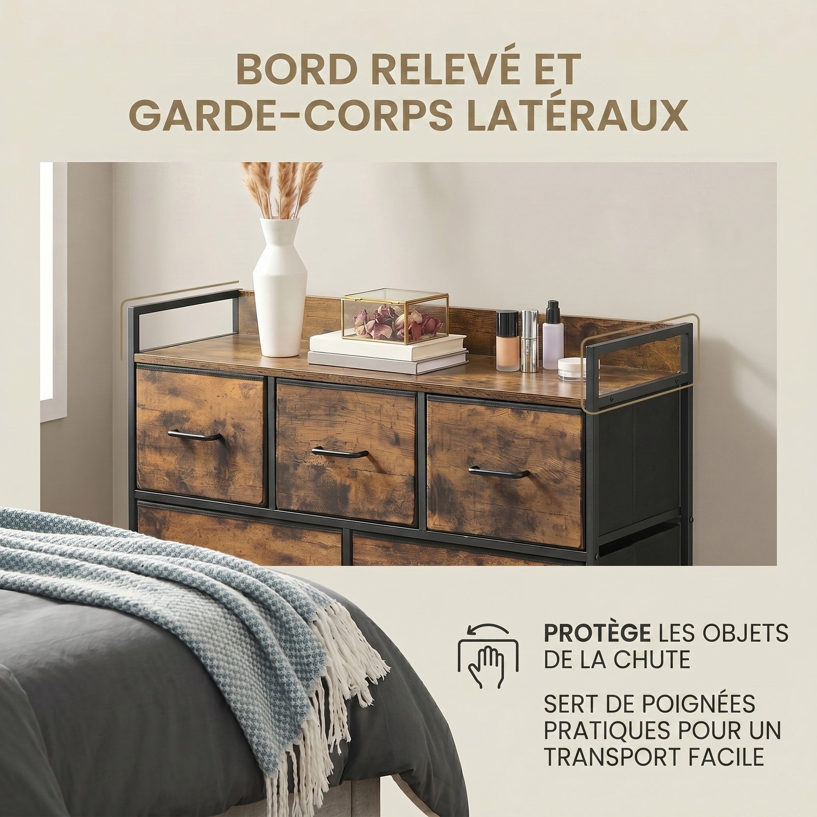 JOYFURNOS Commode à 7 tiroirs en tissu avec poignées –98x28.5x85cm Brun Rustique & Noir Encre, cadre métallique – grande armoire de chambre pour vêtements et linge de maison