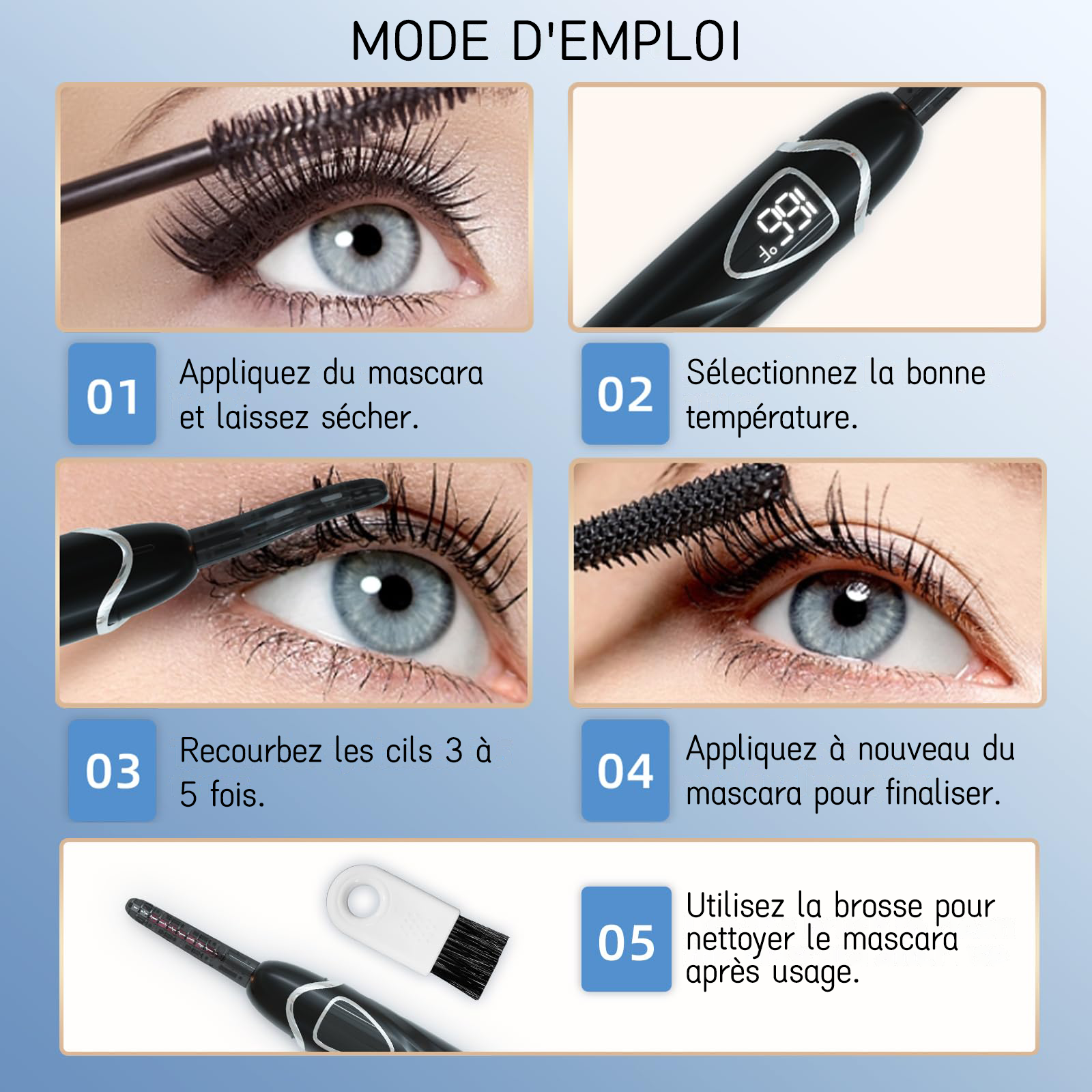 SUNLUXY S600 Recourbe-cils électrique pour courbure naturelle longue tenue, avec affichage LED de la température et de la batterie, arrêt automatique de sécurité - Noir