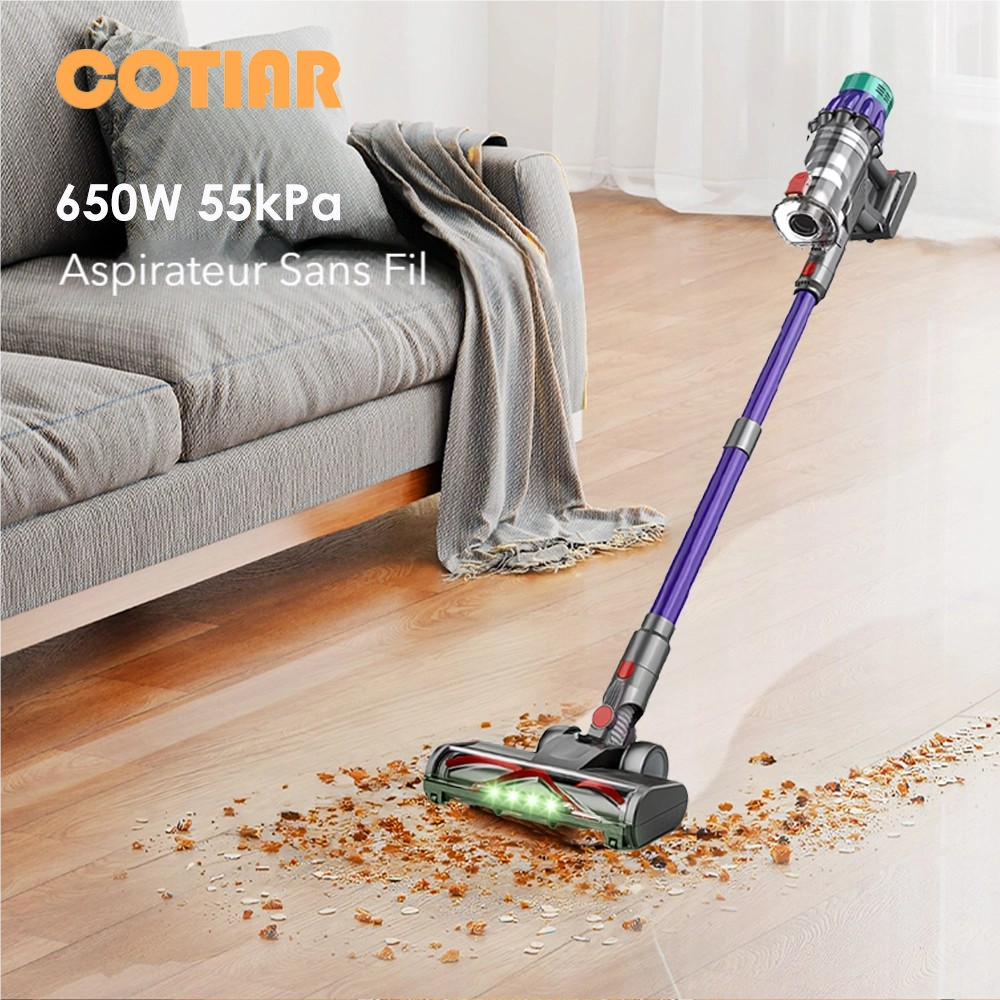 COTIAR V22 Aspirateur sans fil 650 W, 55 kPa de puissance d’aspiration, moteur sans balais, 1,2 L de capacité, écran LED, pour sols et tapis, capture des poils d’animaux - Violet