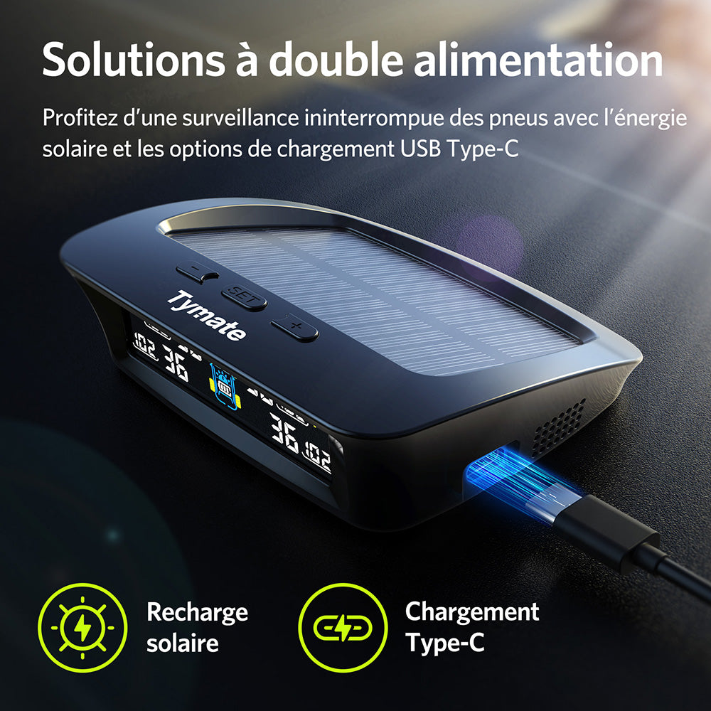 Tymate Système de surveillance de la pression des pneus pour camping-car, Moniteur de pression des pneus à recharge solaire avec 4 capteurs, 6 modes d'alarme, Écran LCD couleur