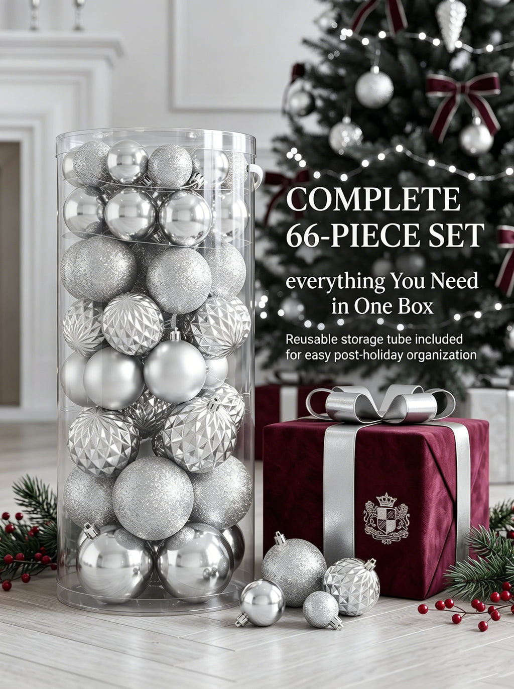 Ju7cer 66 boules de Noël argentées, mini boules de Noël en plastique incassable 4-8 cm, 4 tailles différentes de boules de Noël, convient pour la décoration intérieure et extérieure des fêtes de Noël