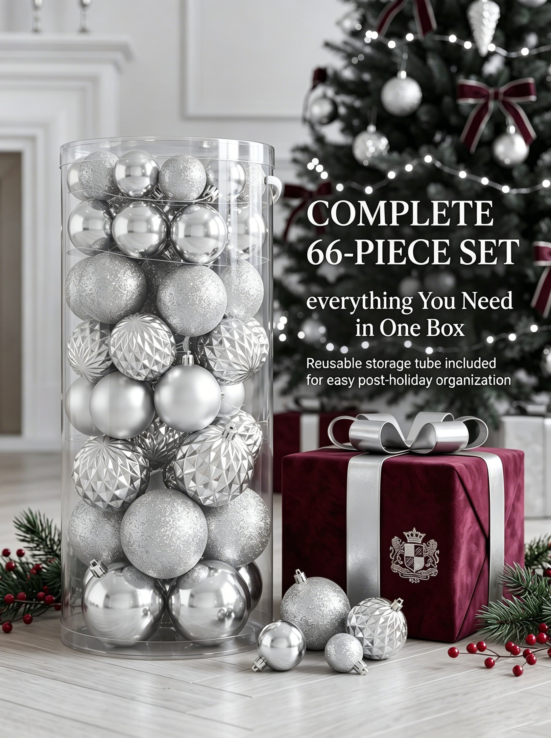 Ju7cer 66 boules de Noël argentées, mini boules de Noël en plastique incassable 4-8 cm, 4 tailles différentes de boules de Noël, convient pour la décoration intérieure et extérieure des fêtes de Noël