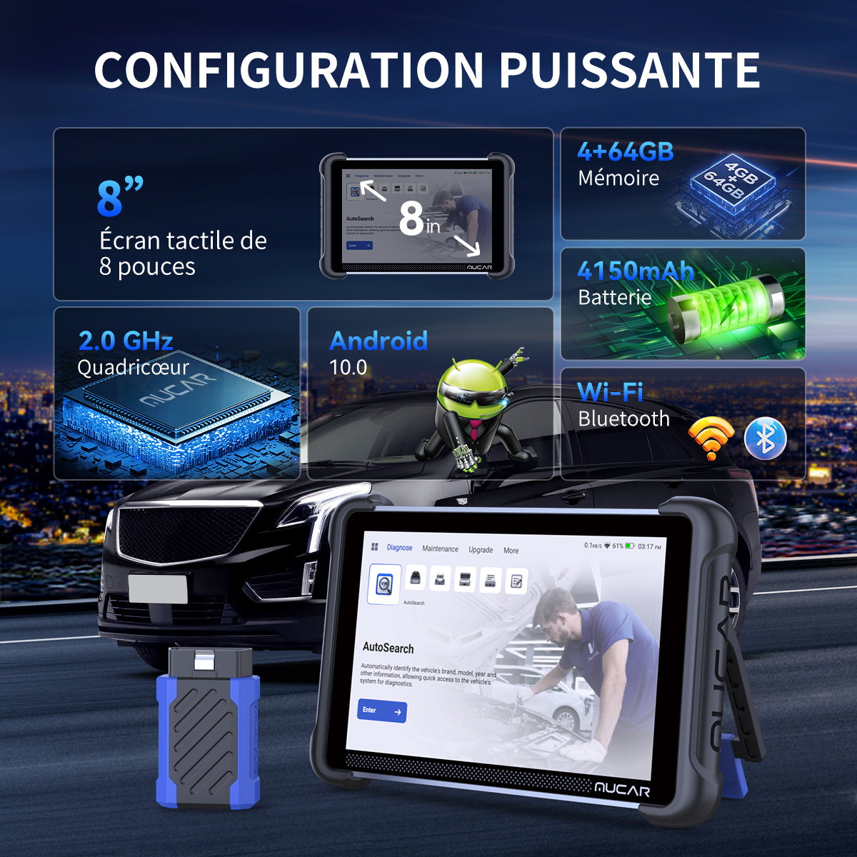 MUCAR 892BT Scanner OBD2 professionnel avec mises à jour gratuites à vie, codage ECU, tests bidirectionnels, CAN-FD & DoIP, diagnostic IA, tablette 8" avec VCI magnétique