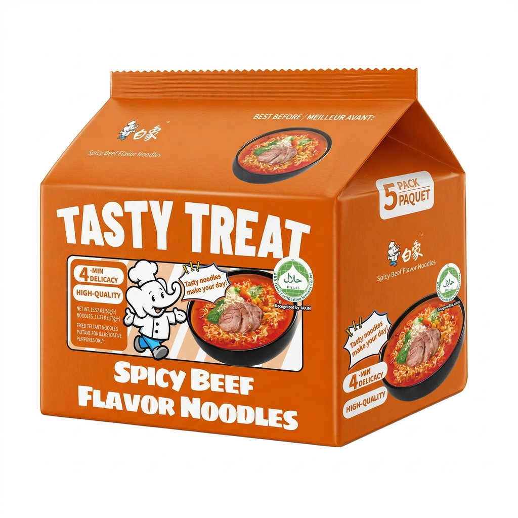 Bai Xiang Soupe de nouilles au bœuf délicieuse et épicée halal Nouilles instantanées 5*88 g (5 paquets)