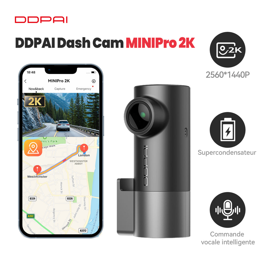 DDPAI MINI Pro caméra embarquée WiFi résolution 1440P angle de vue 121° vision nocturne contrôle vocal intelligent prise en charge de la surveillance de stationnement 24 heures