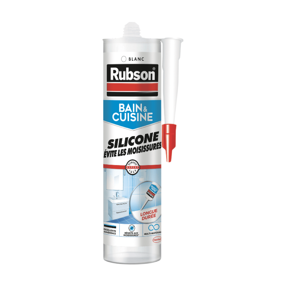 Henkel Rubson, Mastic Bain & Cuisine Silicone Évite Les Moisissures Blanc (cartouche de 280 ml) – Mastic sanitaire à base de silicone – Mastic étanche renforcé en antifongique