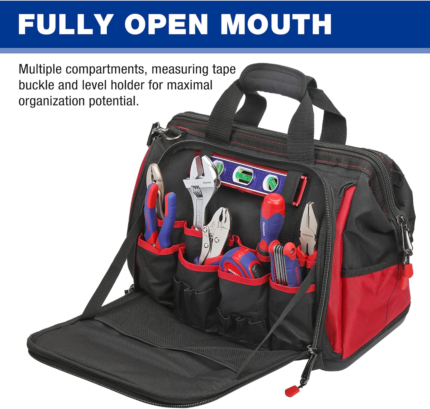 WORKPRO Sac à Outils Robuste 16 Pouces 42 x 24,5 x 34 cm | Tissu Polyester 1680D, Base Rigide Imperméable, Ouverture Large, 39 Poches avec Élastique et Crochet, Bandoulière