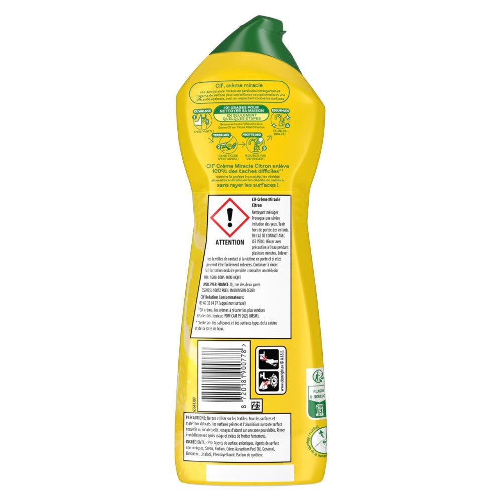 CIF Crème à récurer Miracle anti-traces élimine les salissures tenaces Citron 750 ml