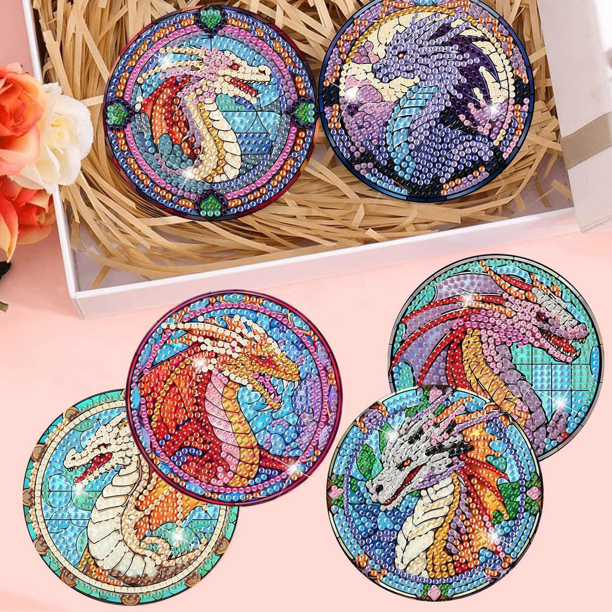 Ju7cer Ensemble de 8 sous-verres de peinture diamant avec support - Dragon arbre de la vie DIY | Débutant adulte artisanat de perçage rond complet 4×4 pouces (10×10 cm)