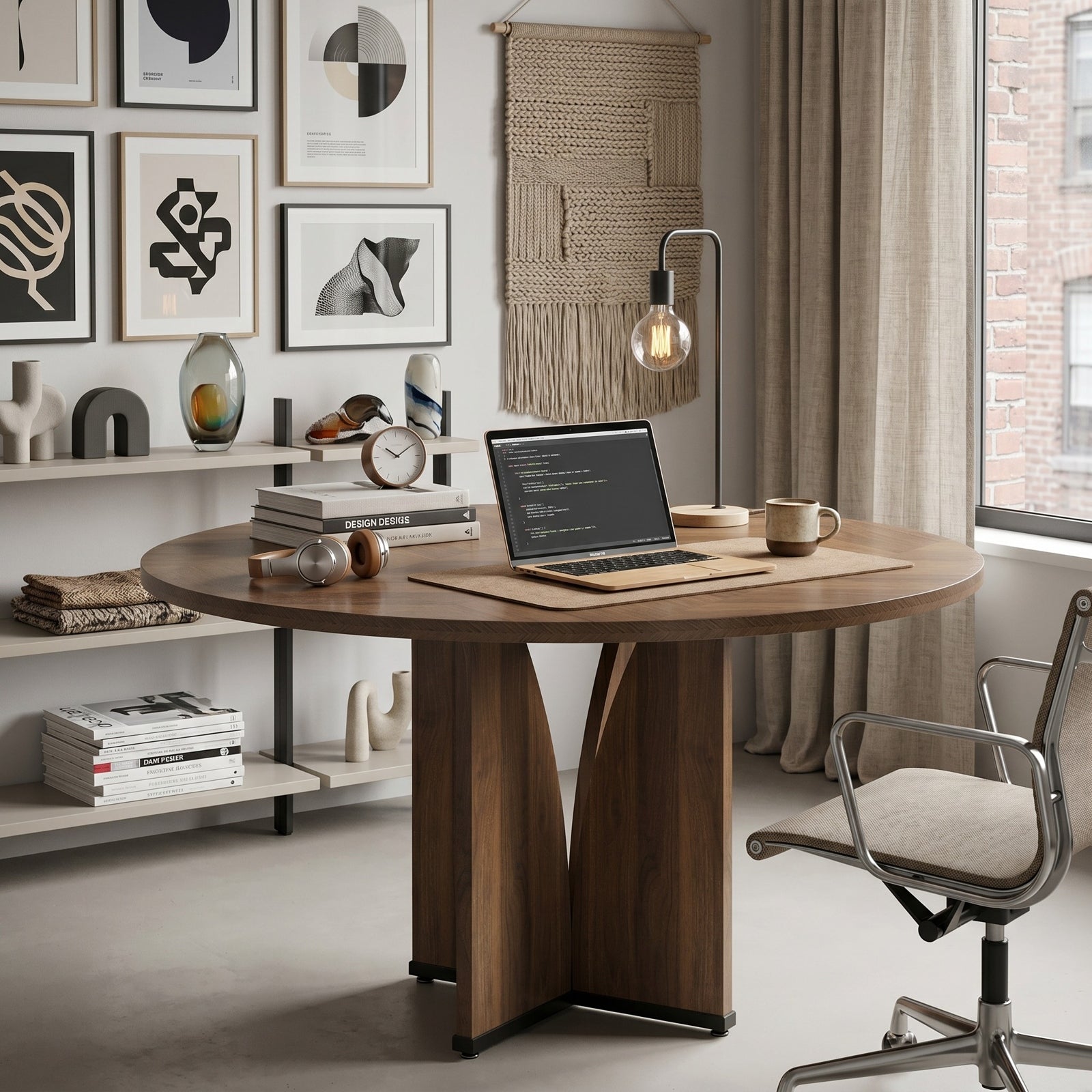 LANTINE Table à manger ronde pour 4 style ferme plateau aspect bois marron diamètre 100 cm hauteur 75 cm