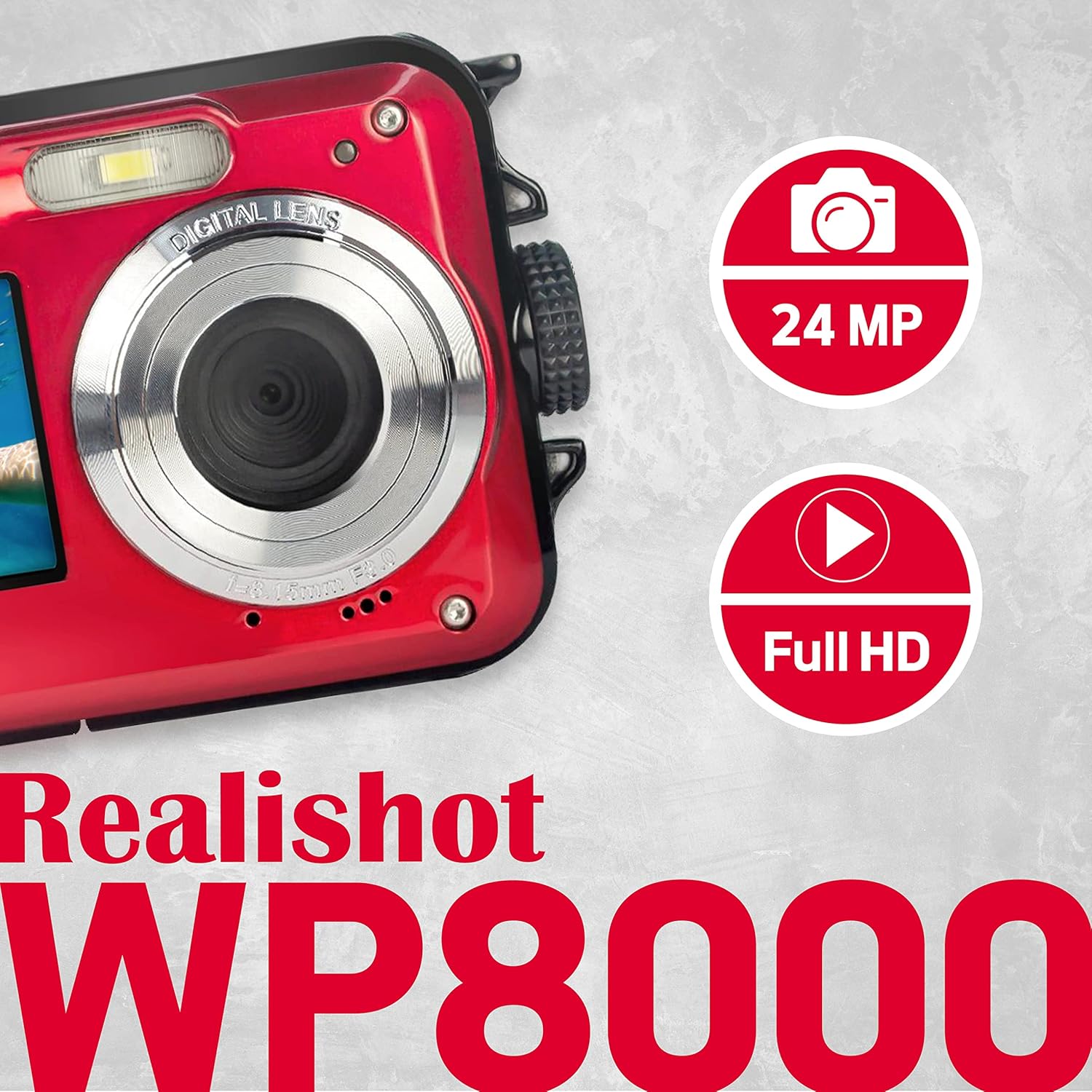 AgfaPhoto Appareil photo numérique compact étanche 24 MP, Zoom numérique 16x, Double écran (Rouge)