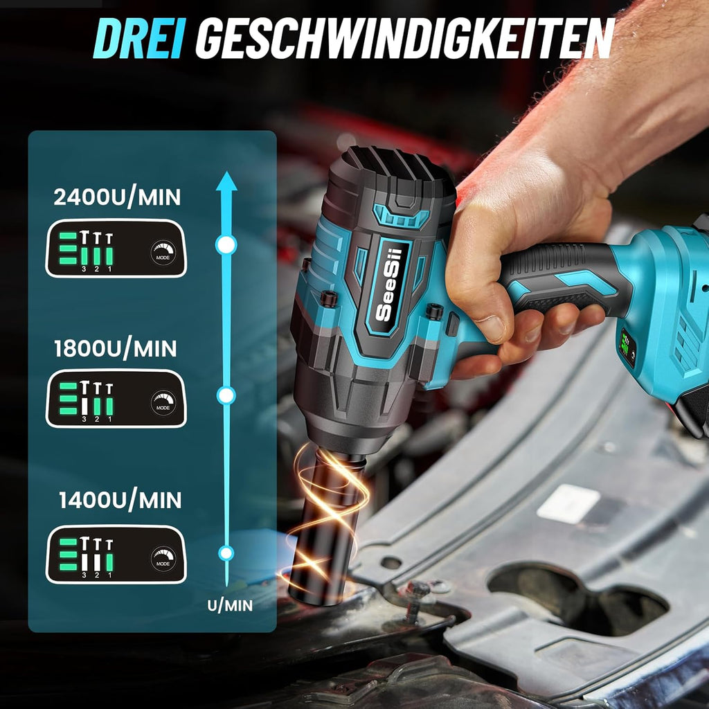 SEESII Clé à chocs sans fil 1000 Nm (740 lb-pi) 2400 tr/min 1/2" à haute couple avec batterie 21 V 2 x 4,0 Ah, 5 douilles et coffret, pour vis et écrous, retrait de pneus de voiture et de camion