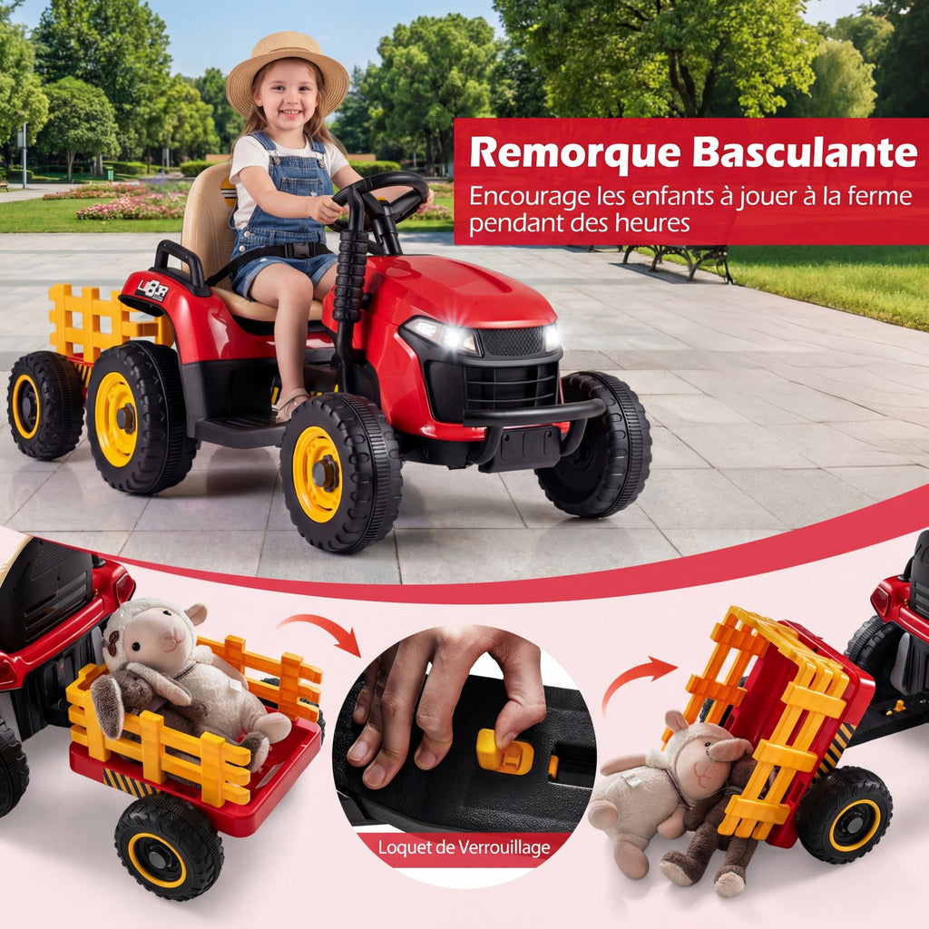 Costway Tracteur électrique 24 V avec remorque, télécommande 2,4 GHz et klaxon - Tracteur électrique pour enfants - Rouge