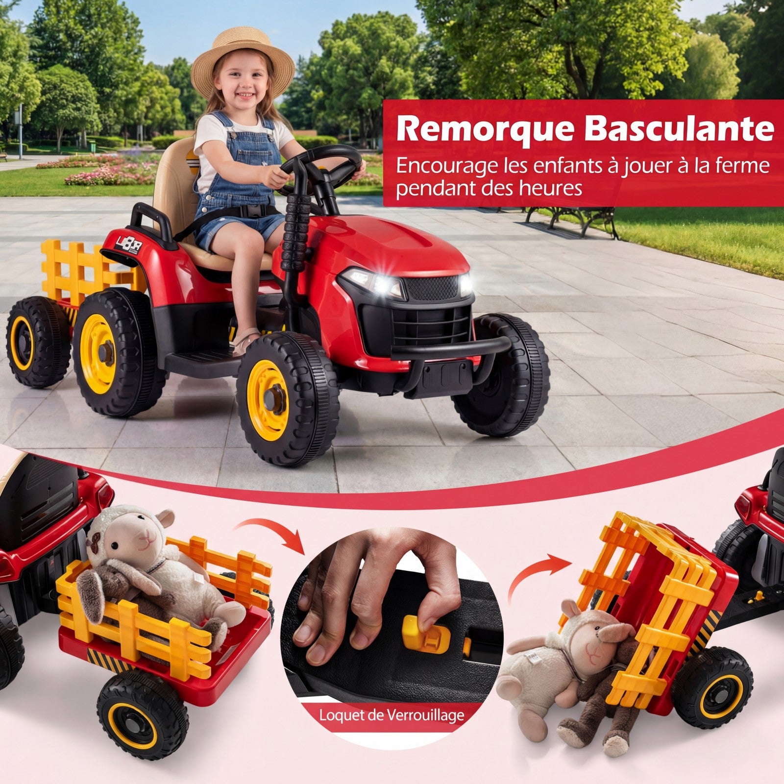 Costway Tracteur électrique 24 V avec remorque, télécommande 2,4 GHz et klaxon - Tracteur électrique pour enfants - Rouge