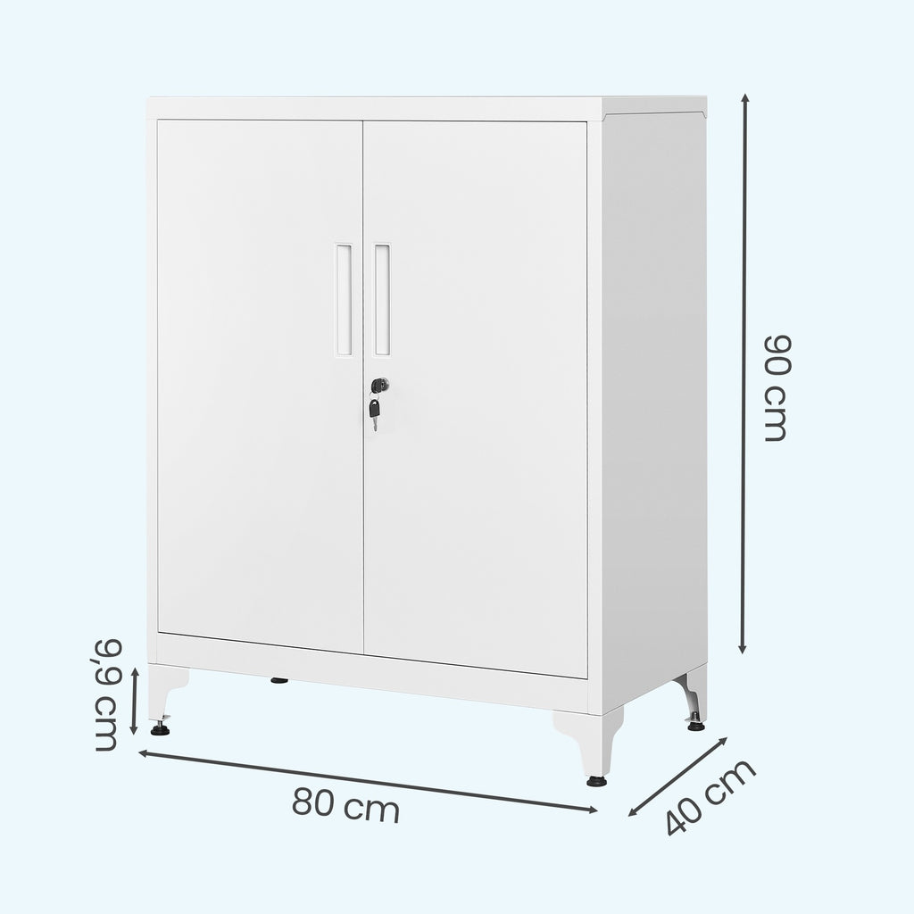 JOYFURNOS Armoire de rangement en acier blanc mat verrouillable, 80 x 40 x 90 cm, 2 portes, ?tagères profondes, Usage polyvalent - Idéale pour garage, bureau, étude ou salon