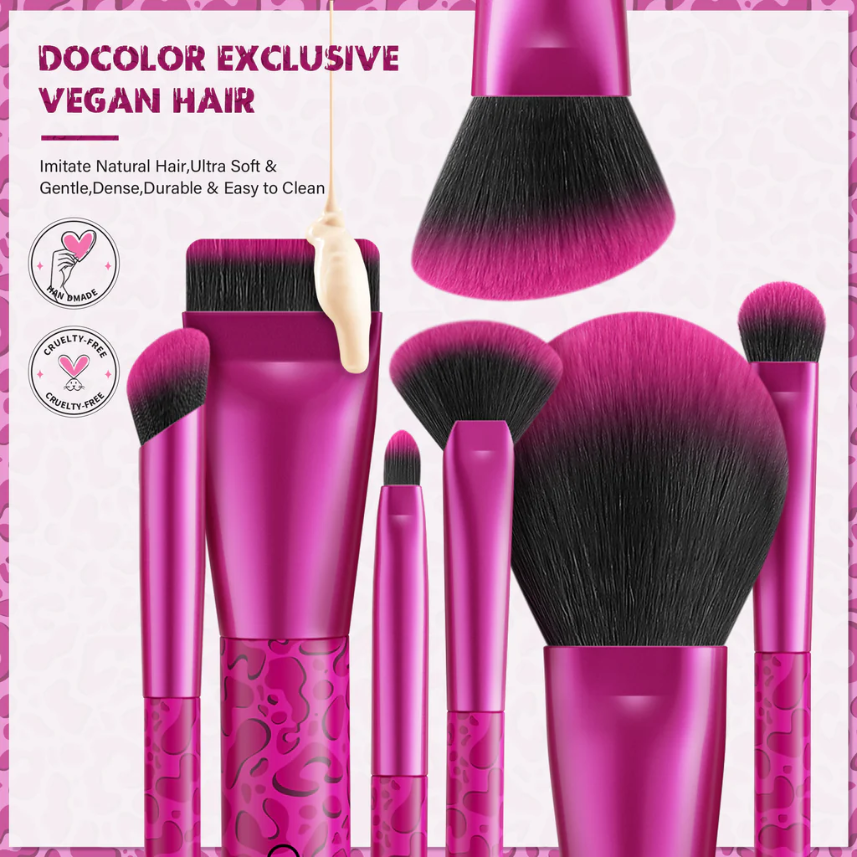 Docolor Coffret Cadeau 12 Pièces Pinceaux de Maquillage Imprimé Léopard Fuchsia
