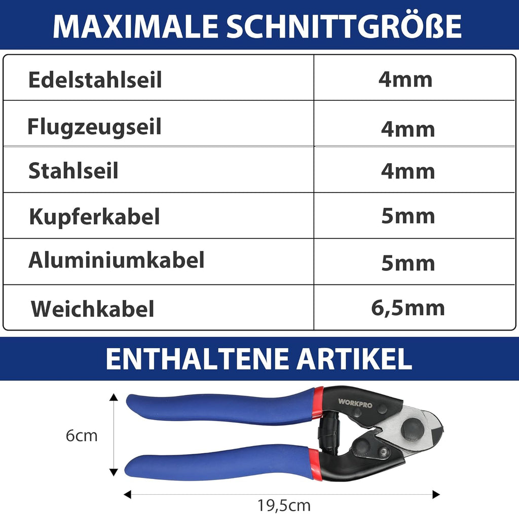 WORKPRO Coupe-câble en acier chrome-vanadium pour câble métallique, inox et réparation de câble de frein de vélo - 190 mm