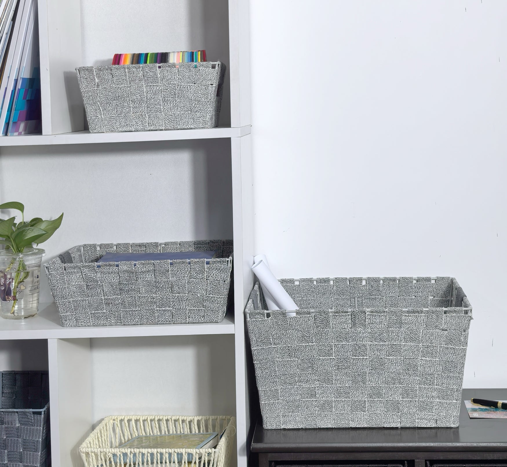 KEVAHOME Lot de 3 panières en coton avec sangles gris L : 15 x 11 x 8,25 po H M : 13 x 10 x 4,5 po H S : 10 x 7 x 4,5 po H